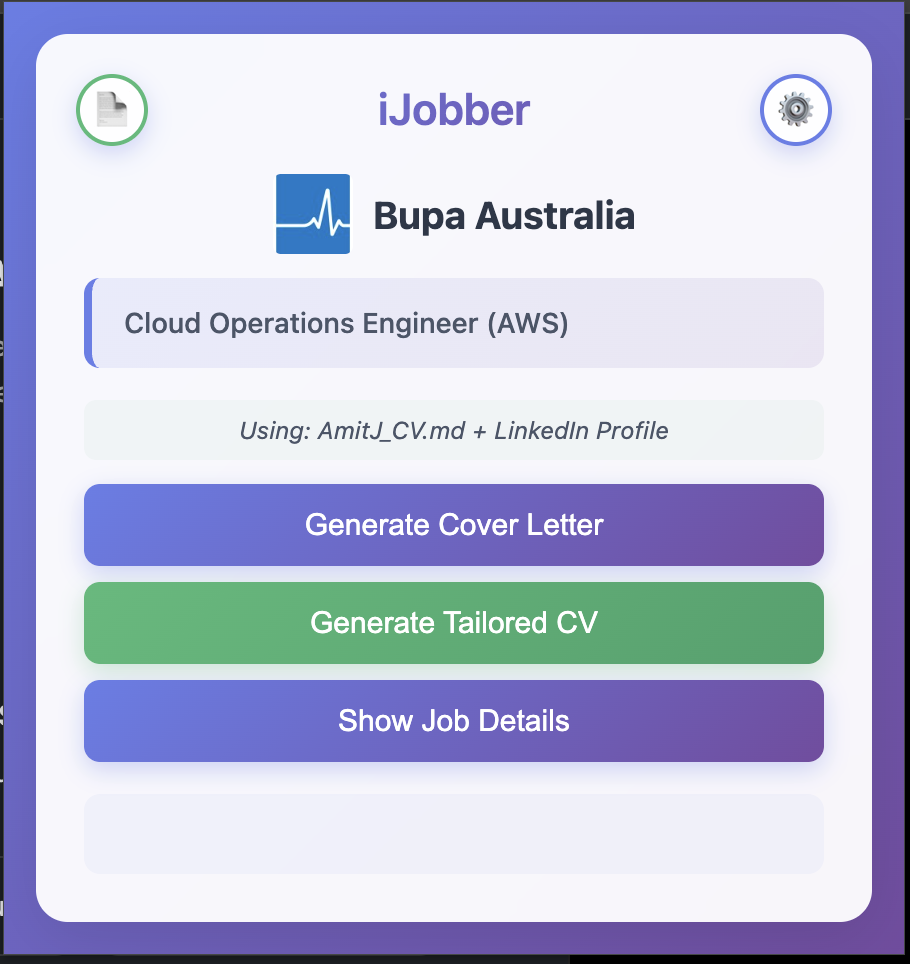 iJobber Chrome extension popup showing the main interface for generating a cover letter from a job posting